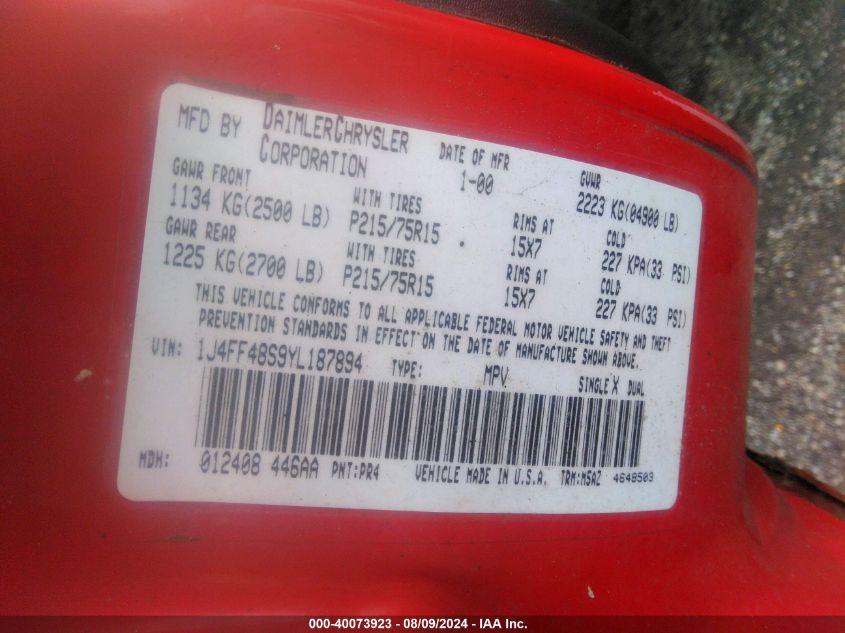 2000 Jeep Cherokee Sport VIN: 1J4FF48S9YL187894 Lot: 40073923