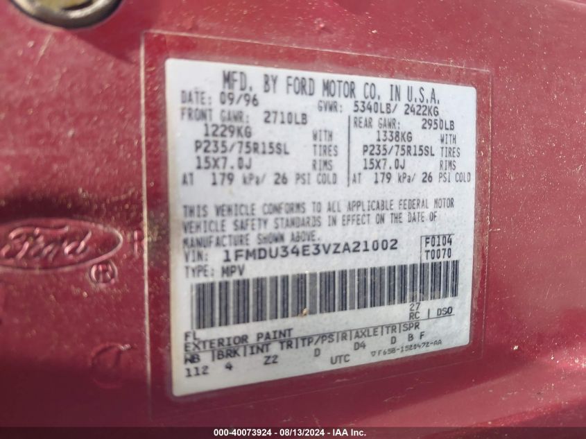 1997 Ford Explorer VIN: 1FMDU34E3VZA21002 Lot: 40073924