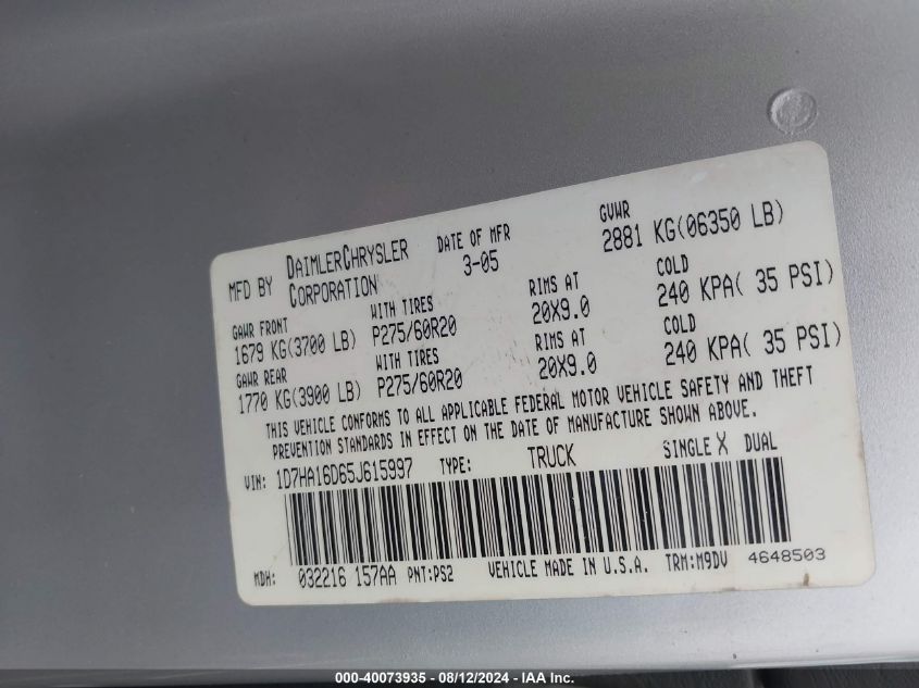 2005 Dodge Ram 1500 Slt/Laramie VIN: 1D7HA16D65J615997 Lot: 40073935