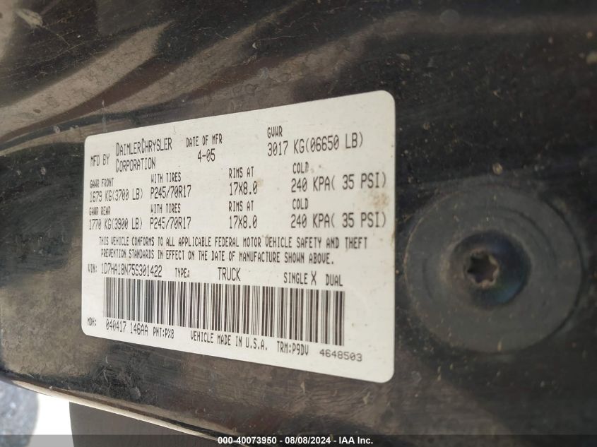 2005 Dodge Ram 1500 St VIN: 1D7HA18N75S301422 Lot: 40073950