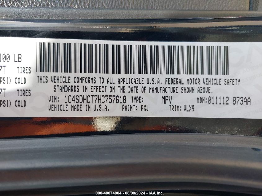 2017 Dodge Durango R/T Rwd VIN: 1C4SDHCT7HC757618 Lot: 40074004