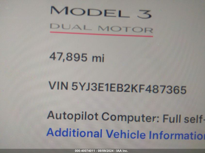 2019 Tesla Model 3 Long Range/Performance VIN: 5YJ3E1EB2KF487365 Lot: 40074011