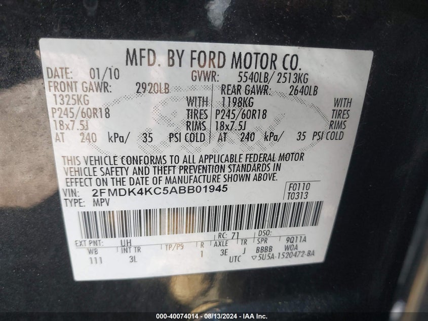 2010 Ford Edge Limited VIN: 2FMDK4KC5ABB01945 Lot: 40074014