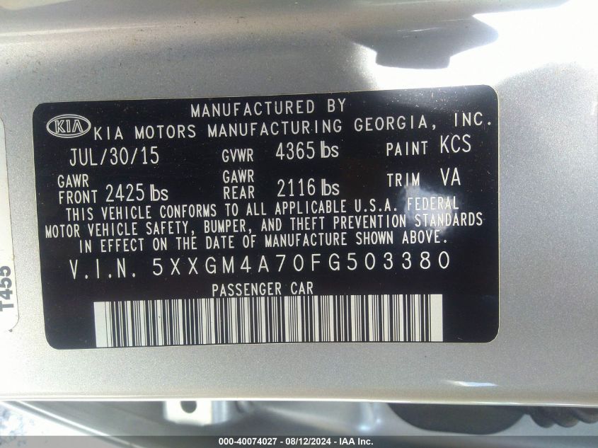 2015 Kia Optima Lx VIN: 5XXGM4A70FG503380 Lot: 40074027