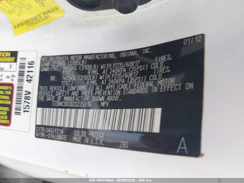 2012 Toyota Sienna Le V6 8 Passenger VIN: 5TDKK3DC6CS225016 Lot: 40074044