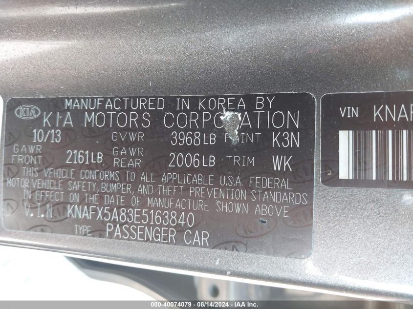2014 Kia Forte Ex VIN: KNAFX5A83E5163840 Lot: 40074079