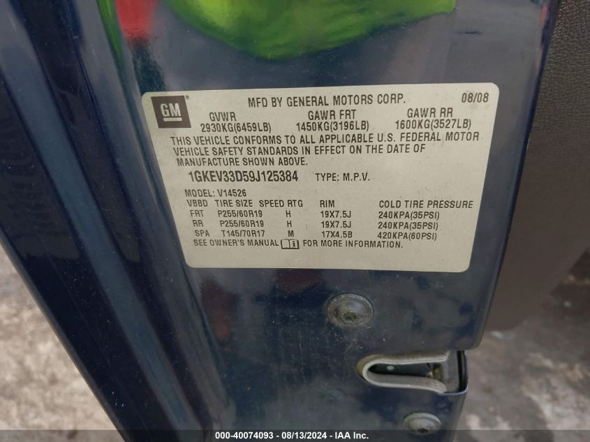 2009 GMC Acadia Slt-2 VIN: 1GKEV33D59J125384 Lot: 40074093