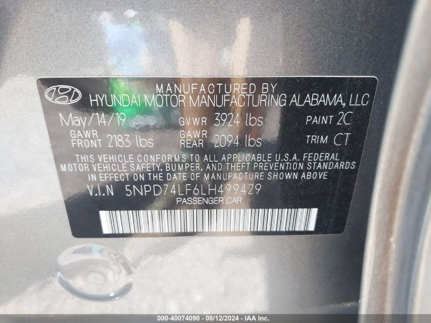 2020 Hyundai Elantra Se VIN: 5NPD74LF6LH499429 Lot: 40074098