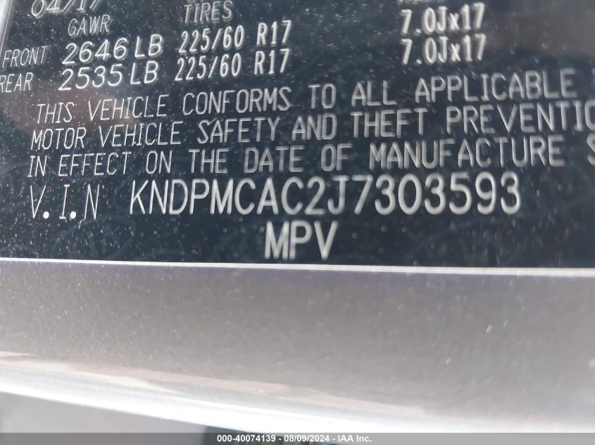 KNDPMCAC2J7303593 2018 Kia Sportage Lx