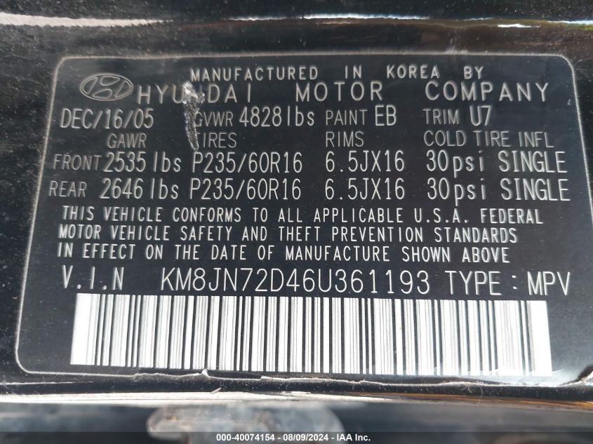 2006 Hyundai Tucson Gls/Limited VIN: KM8JN72D46U361193 Lot: 40074154