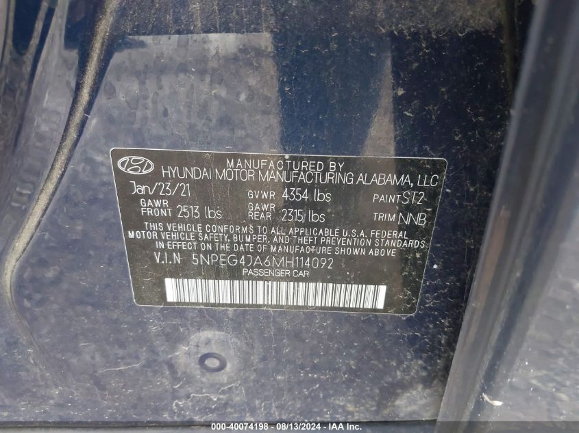 5NPEG4JA6MH114092 2021 Hyundai Sonata Se