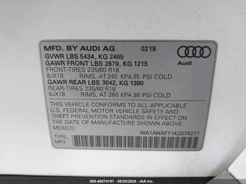 2019 Audi Q5 Premium VIN: WA1ANAFY1K2074277 Lot: 40074197