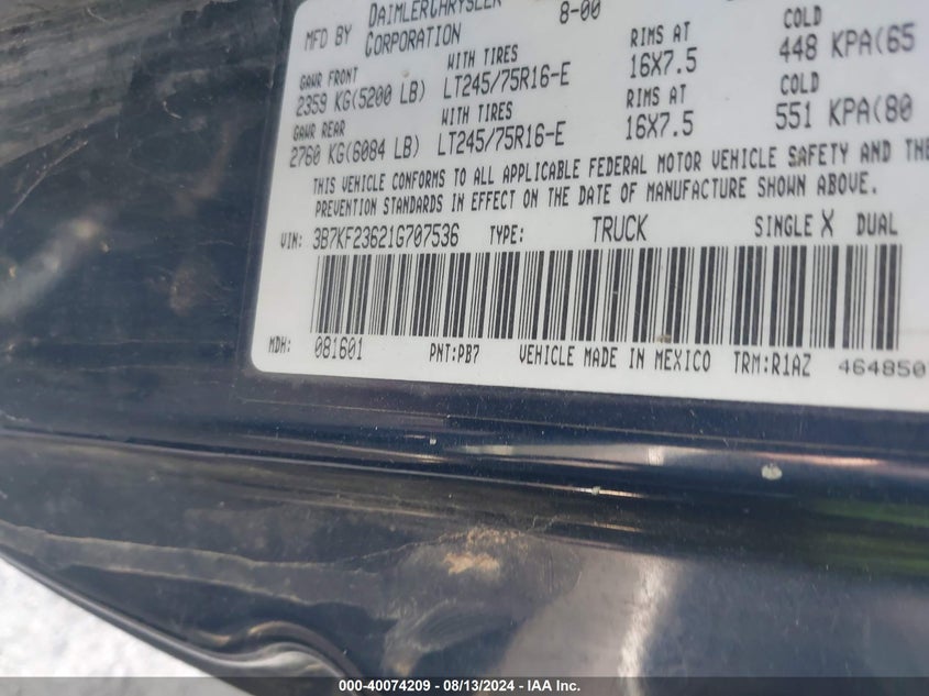 2001 Dodge Ram 2500 St VIN: 3B7KF23621G707536 Lot: 40074209