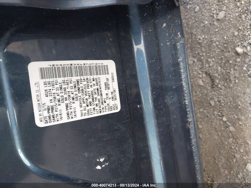 2015 Nissan Rogue Select S VIN: JN8AS5MVXFW757810 Lot: 40074213