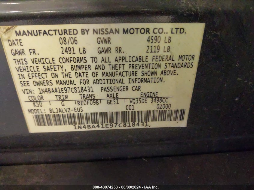 2007 Nissan Maxima Se/Sl VIN: 1N4BA41E97C818431 Lot: 40074253