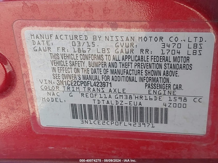 2015 Nissan Versa Note S (Sr)/S Plus/Sl/Sr/Sv VIN: 3N1CE2CP0FL423971 Lot: 40074275