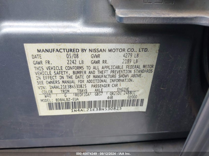 2008 Nissan Altima 2.5 S VIN: 1N4AL21E38N530825 Lot: 40074349