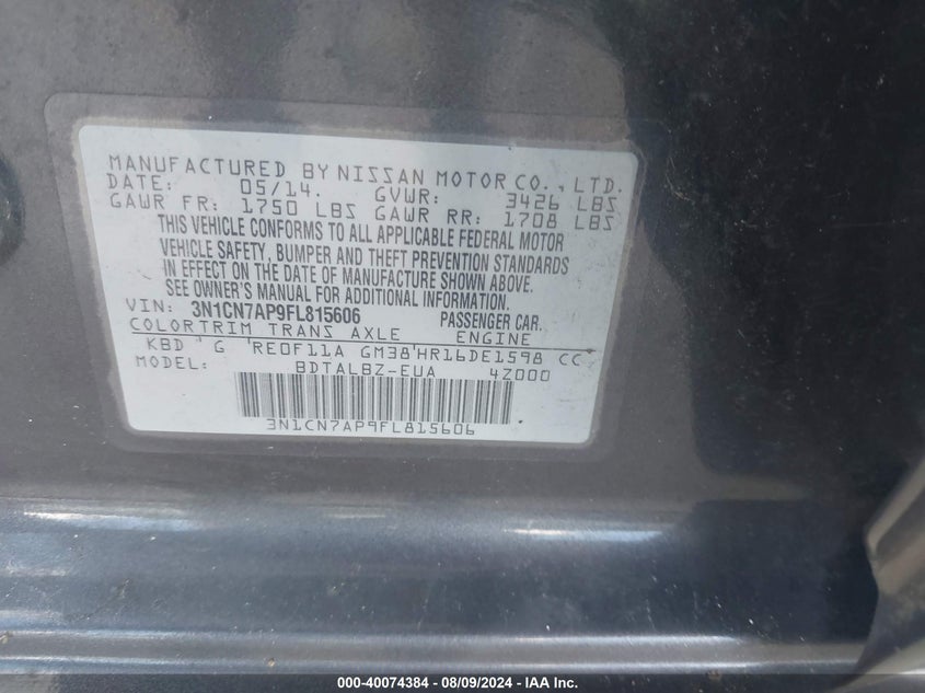 2015 Nissan Versa 1.6 S/1.6 S+/1.6 Sl/1.6 Sv VIN: 3N1CN7AP9FL815606 Lot: 40074384