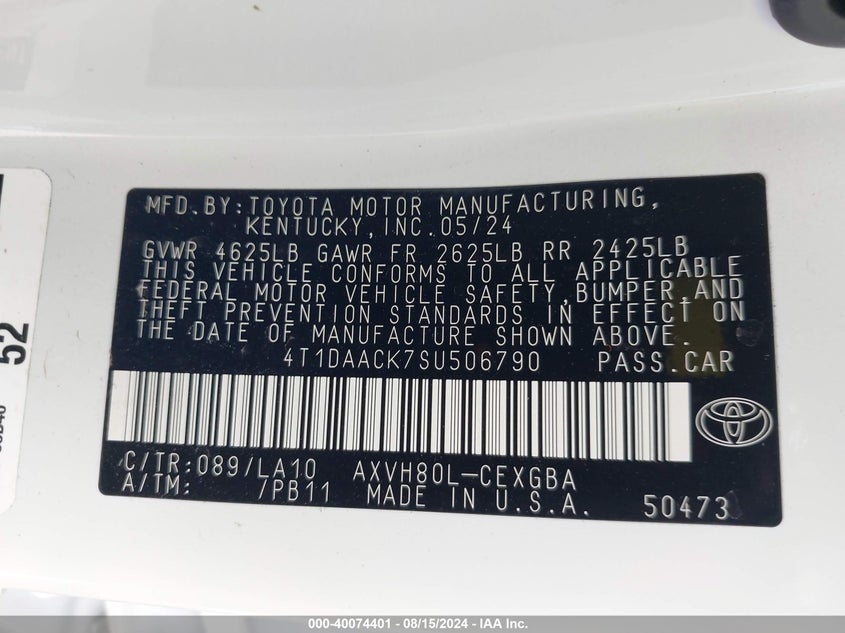 2025 TOYOTA CAMRY(VIN: 4T1DAACK7SU506790