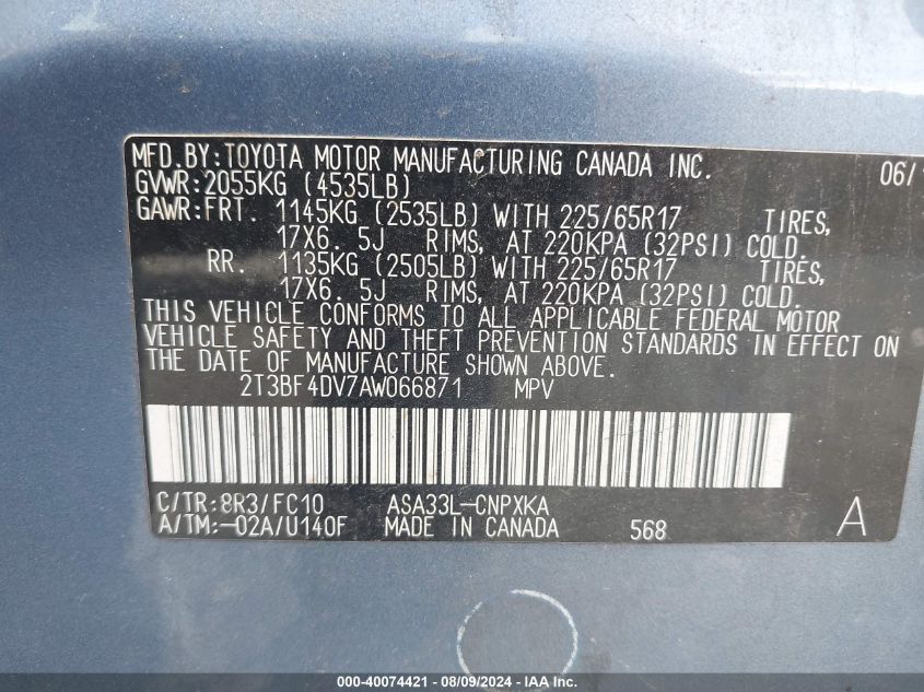 2010 Toyota Rav4 VIN: 2T3BF4DV7AW066871 Lot: 40074421
