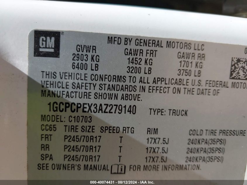 2010 Chevrolet Silverado 1500 Work Truck VIN: 1GCPCPEX3AZ279140 Lot: 40074431