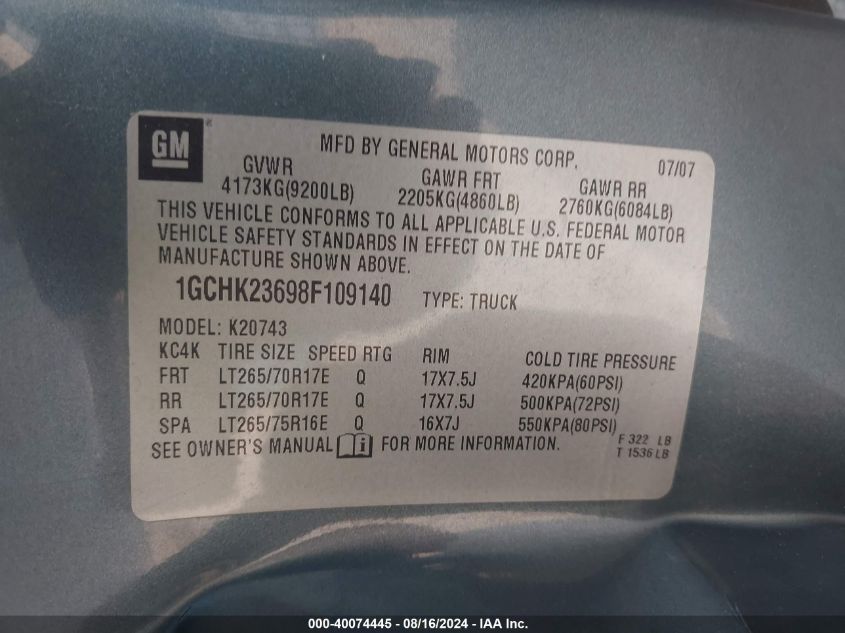 2008 Chevrolet Silverado 2500Hd Ltz VIN: 1GCHK23698F109140 Lot: 40074445