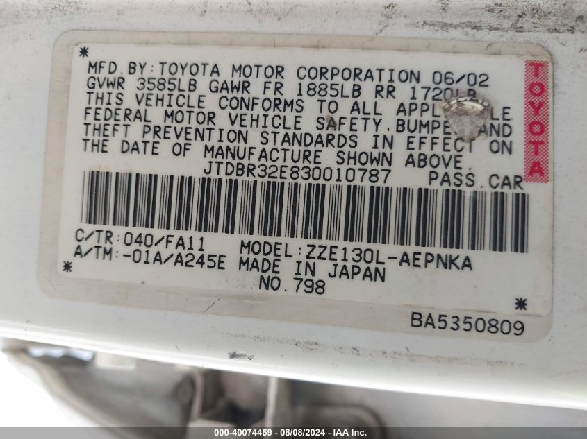 2003 Toyota Corolla Le VIN: JTDBR32E830010787 Lot: 40074459