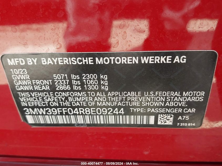 2024 BMW 330E VIN: 3MW39FF04R8E09244 Lot: 40074477