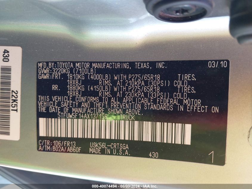 5TFUW5F14AX137156 2010 Toyota Tundra Grade 5.7L V8