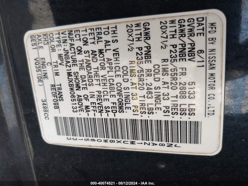 2011 Nissan Murano S/Sl/Le VIN: JN8AZ1MUXBW065133 Lot: 40074521