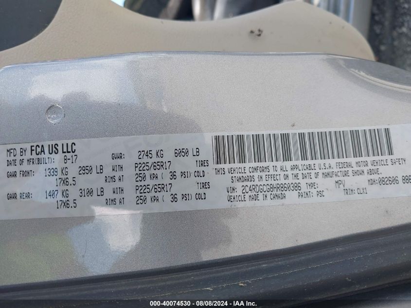 2017 Dodge Grand Caravan Sxt VIN: 2C4RDGCG8HR860386 Lot: 40074530