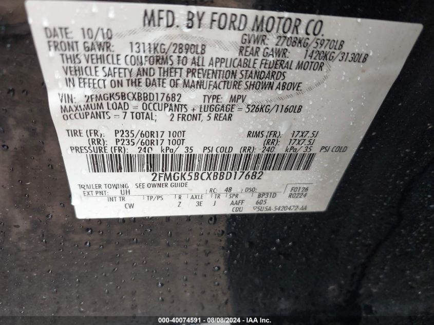 2011 Ford Flex Se VIN: 2FMGK5BCXBBD17682 Lot: 40074591