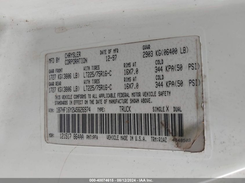 1998 Dodge Ram 1500 VIN: 1B7HF16Y2WS626974 Lot: 40074615
