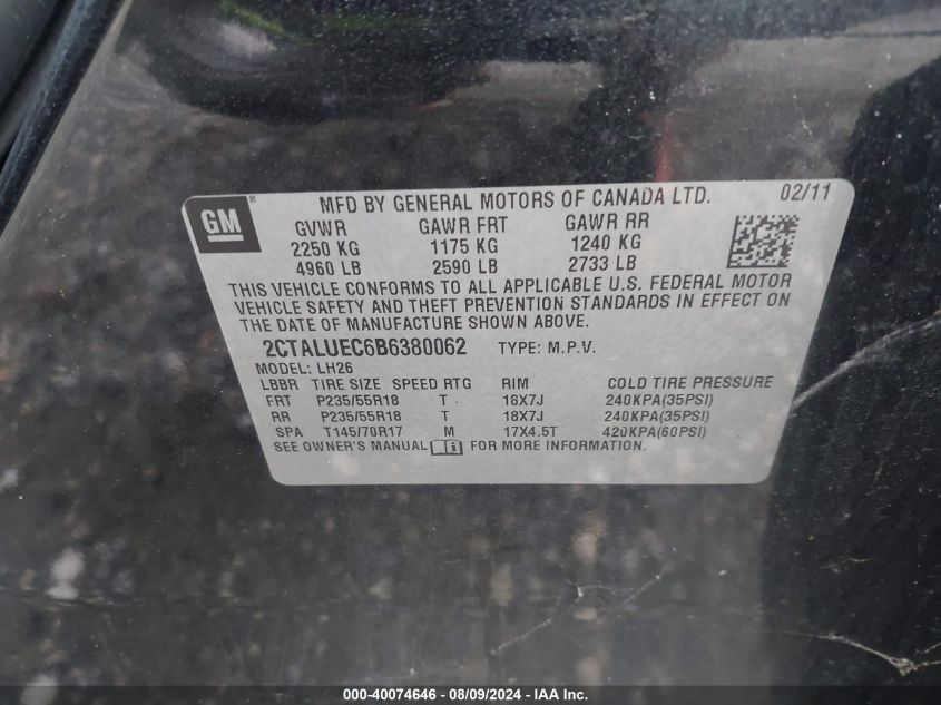 2011 GMC Terrain Slt-1 VIN: 2CTALUEC6B6380062 Lot: 40074646