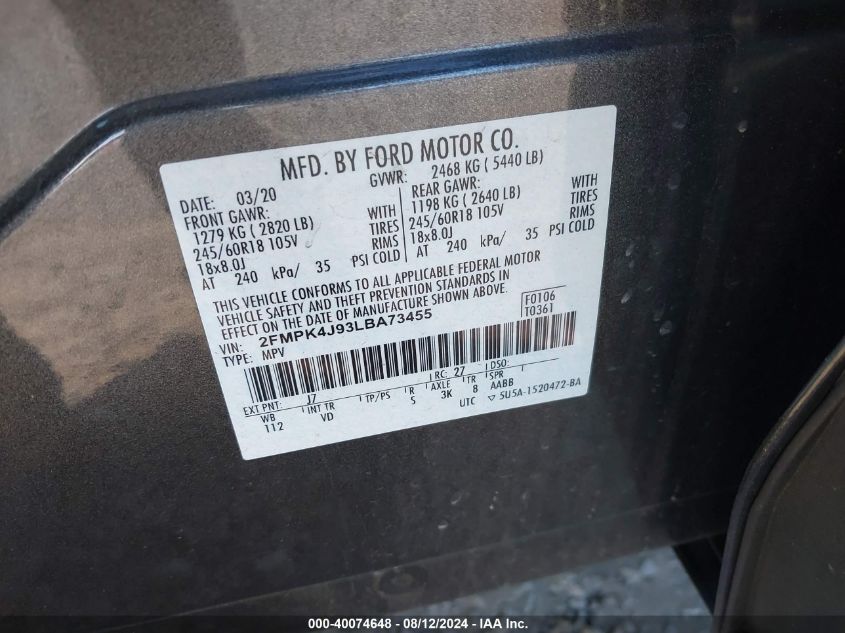 2020 Ford Edge Sel VIN: 2FMPK4J93LBA73455 Lot: 40074648