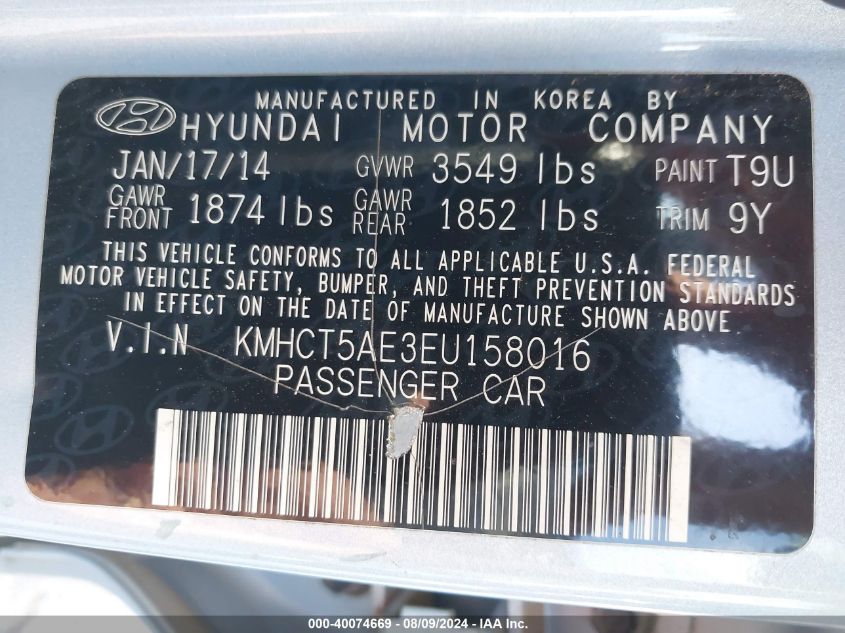 2014 Hyundai Accent Gs VIN: KMHCT5AE3EU158016 Lot: 40074669