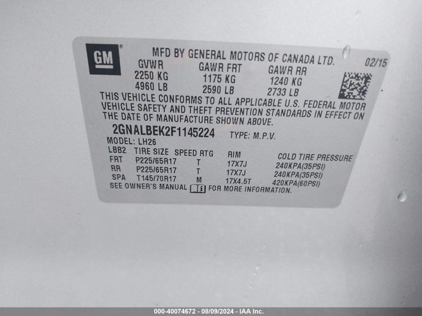 2015 Chevrolet Equinox 1Lt VIN: 2GNALBEK2F1145224 Lot: 40074672