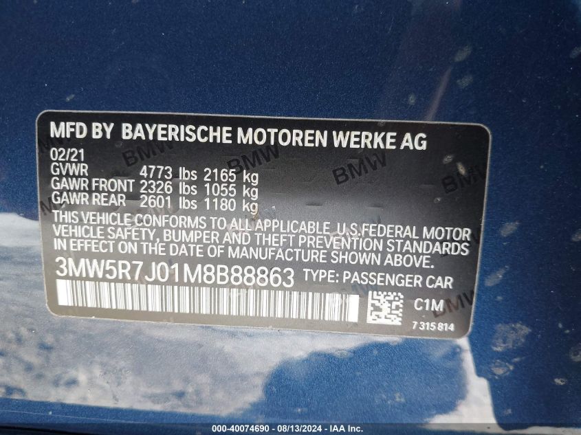 2021 BMW 330I xDrive VIN: 3MW5R7J01M8B88863 Lot: 40074690