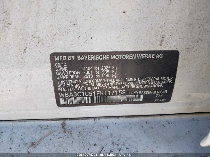 2014 BMW 328I VIN: WBA3C1C51EK117158 Lot: 40074701
