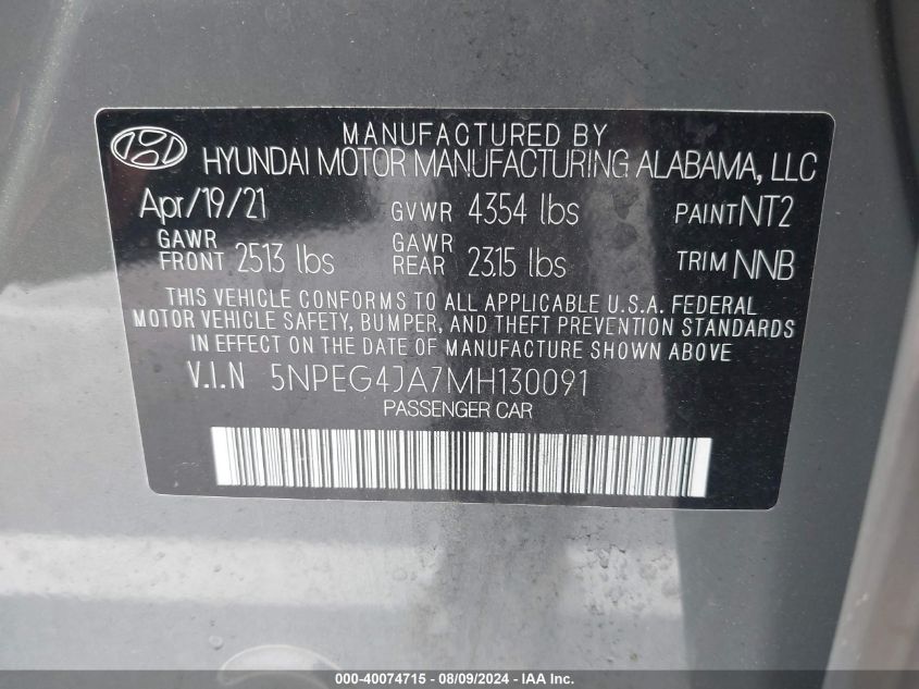 2021 Hyundai Sonata Se VIN: 5NPEG4JA7MH130091 Lot: 40074715