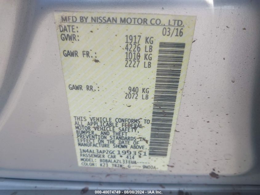 1N4AL3AP2GC199351 2016 Nissan Altima 2.5