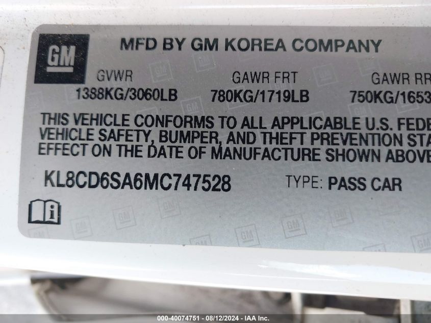 KL8CD6SA6MC747528 2021 Chevrolet Spark Fwd 1Lt Automatic