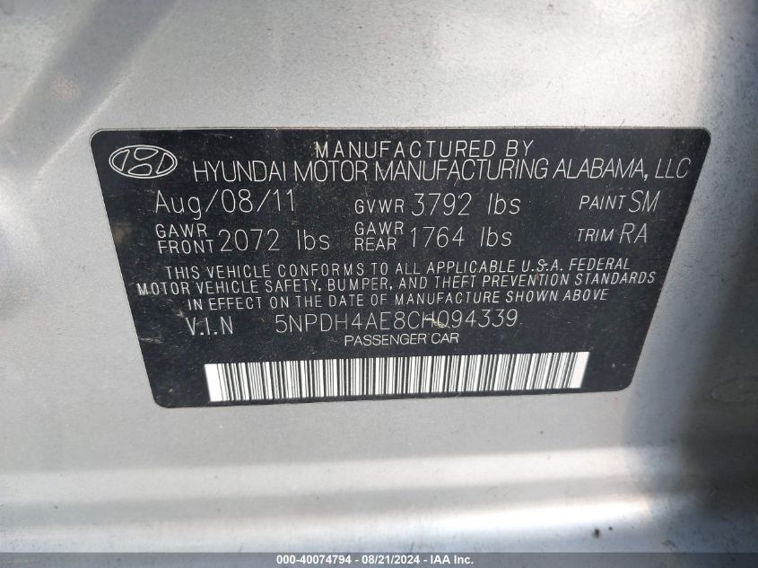 5NPDH4AE8CH094339 2012 Hyundai Elantra Gls Pzev