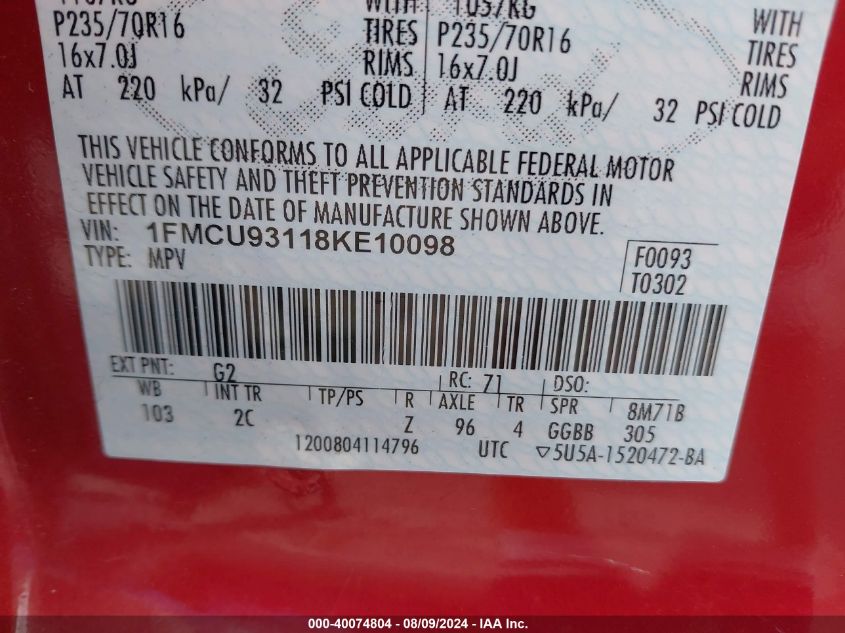 2008 Ford Escape Xlt VIN: 1FMCU93118KE10098 Lot: 40074804