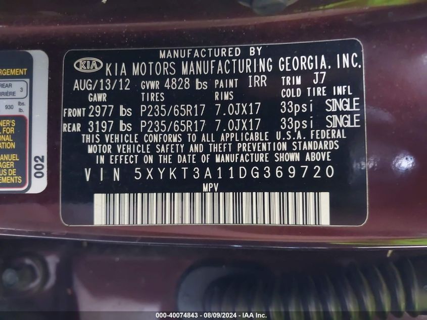 2013 Kia Sorento Lx VIN: 5XYKT3A11DG369720 Lot: 40074843