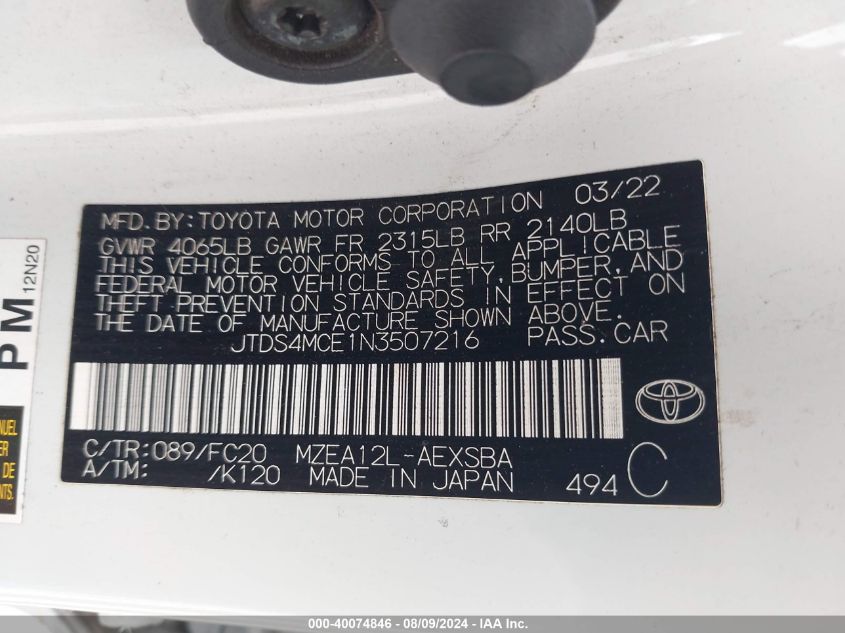 2022 Toyota Corolla Se VIN: JTDS4MCE1N3507216 Lot: 40074846