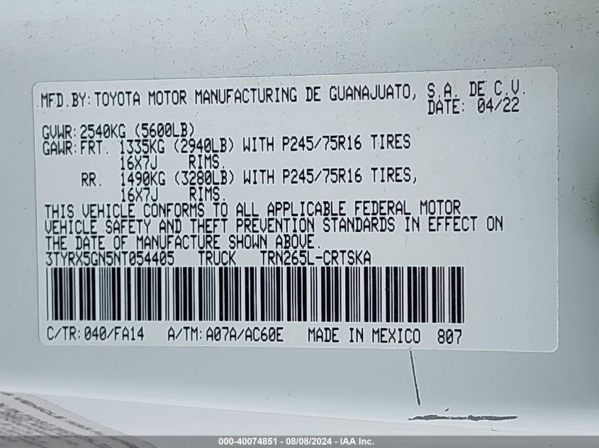 2022 Toyota Tacoma Sr VIN: 3TYRX5GN5NT054405 Lot: 40074851