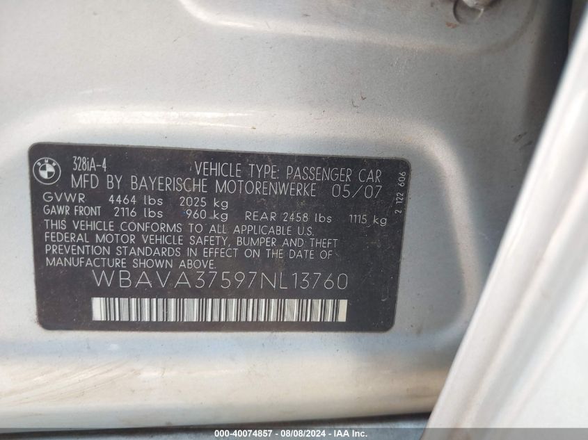 2007 BMW 328I VIN: WBAVA37597NL13760 Lot: 40074857