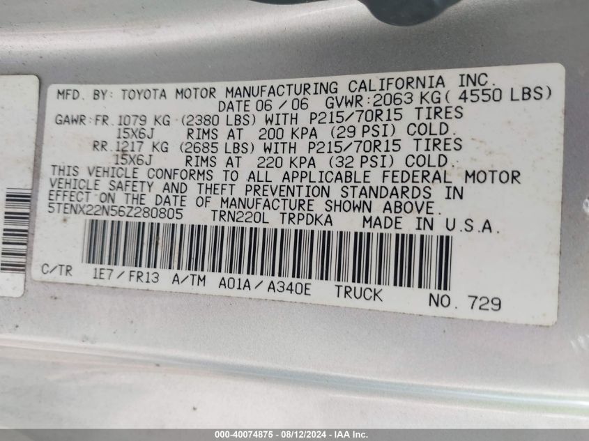 2006 Toyota Tacoma VIN: 5TENX22N56Z280805 Lot: 40074875