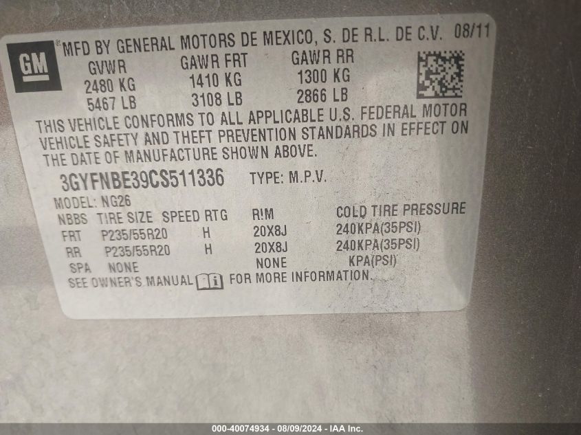 2012 Cadillac Srx Performance Collection VIN: 3GYFNBE39CS511336 Lot: 40074934